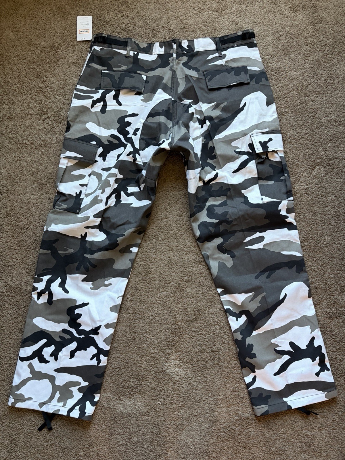 Men’s XL Regular Gray Black White Camouflage Cargo Pants Adjustable Waist