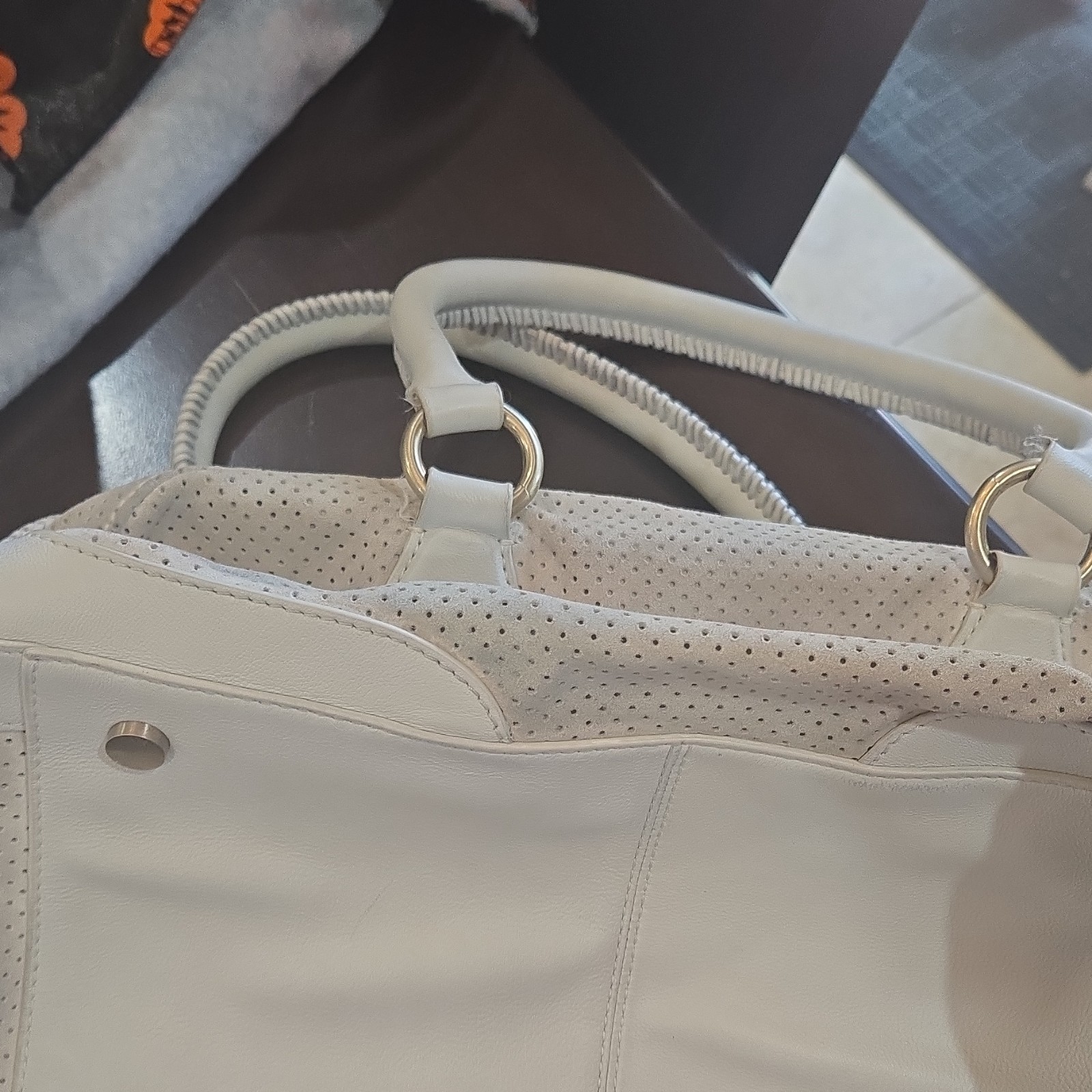 BOSS White Perforated Satchel Top Handle Gold Hardware Zip Push Lock Pockets