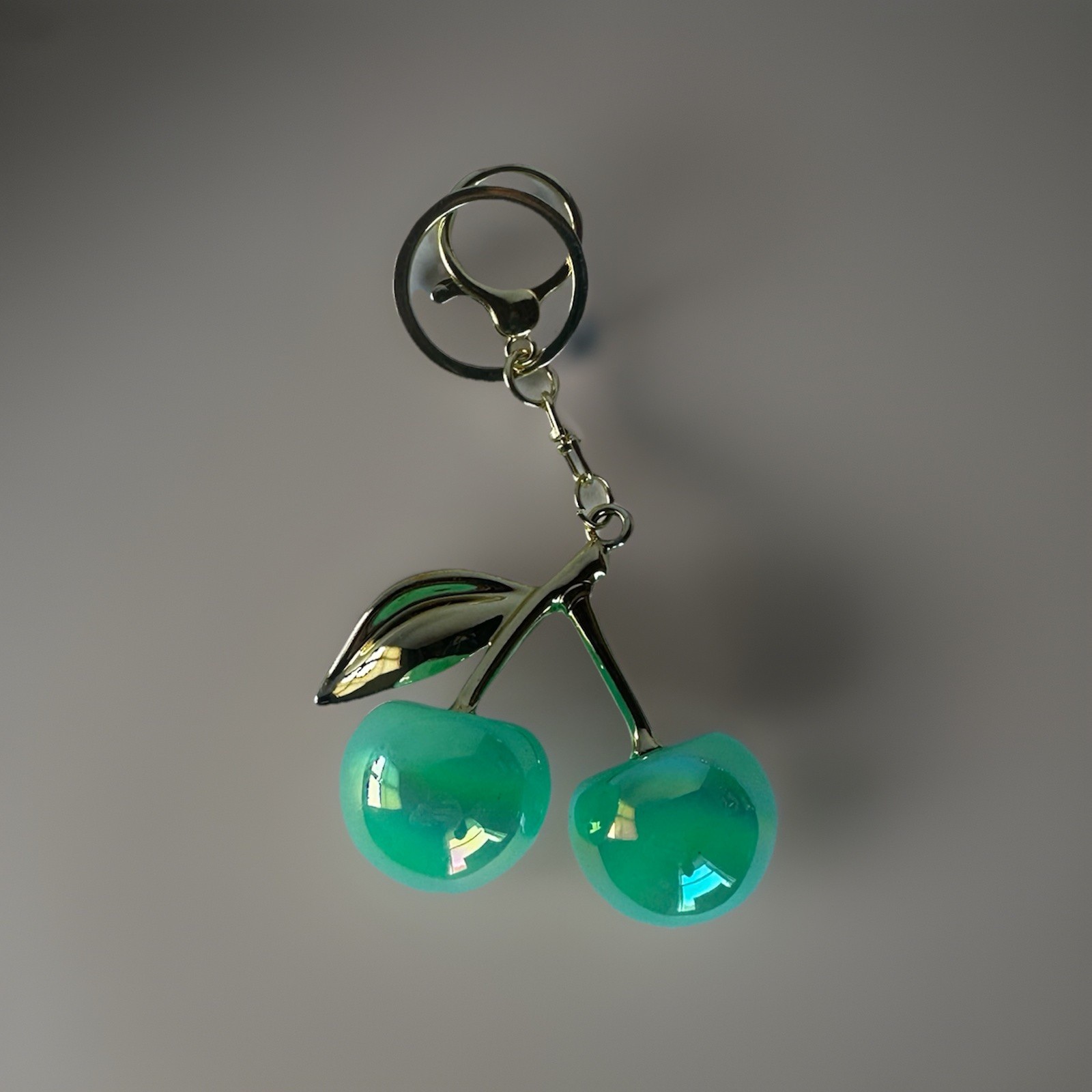 Iridescent Gloss Mirrored Cherry Bag Charms Keychain Gold + Velvet Dustbag