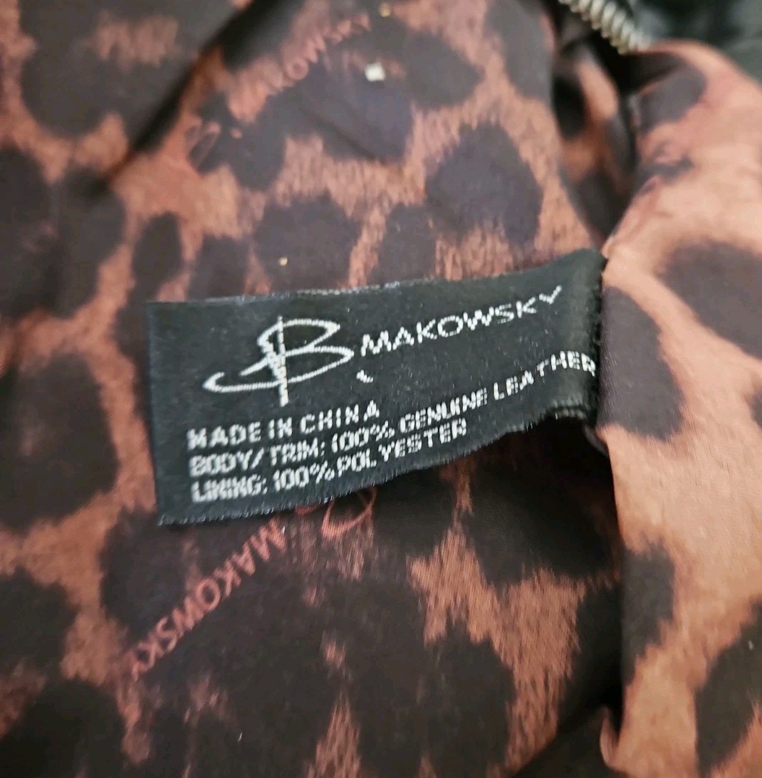 B Makowsky Black Leather Bag Purse Silvertone Hardware Animal Print Lining