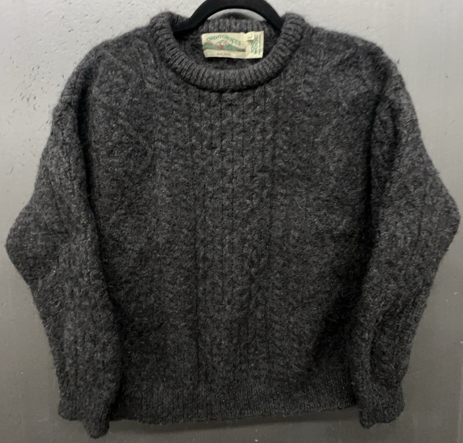 Aran Crafts Wool Sweater Women L Charcoal Gray Cable Knit Pullover Fisherman