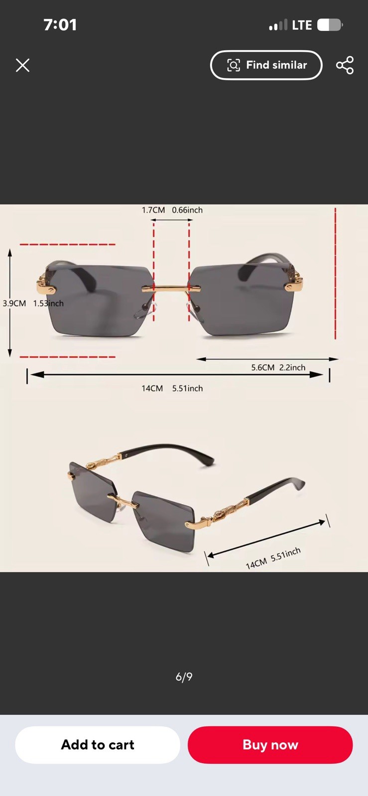 Men’s Rimless Rectangle Sunglasses Gray Tinted Lenses Gold Metal Frame 140mm