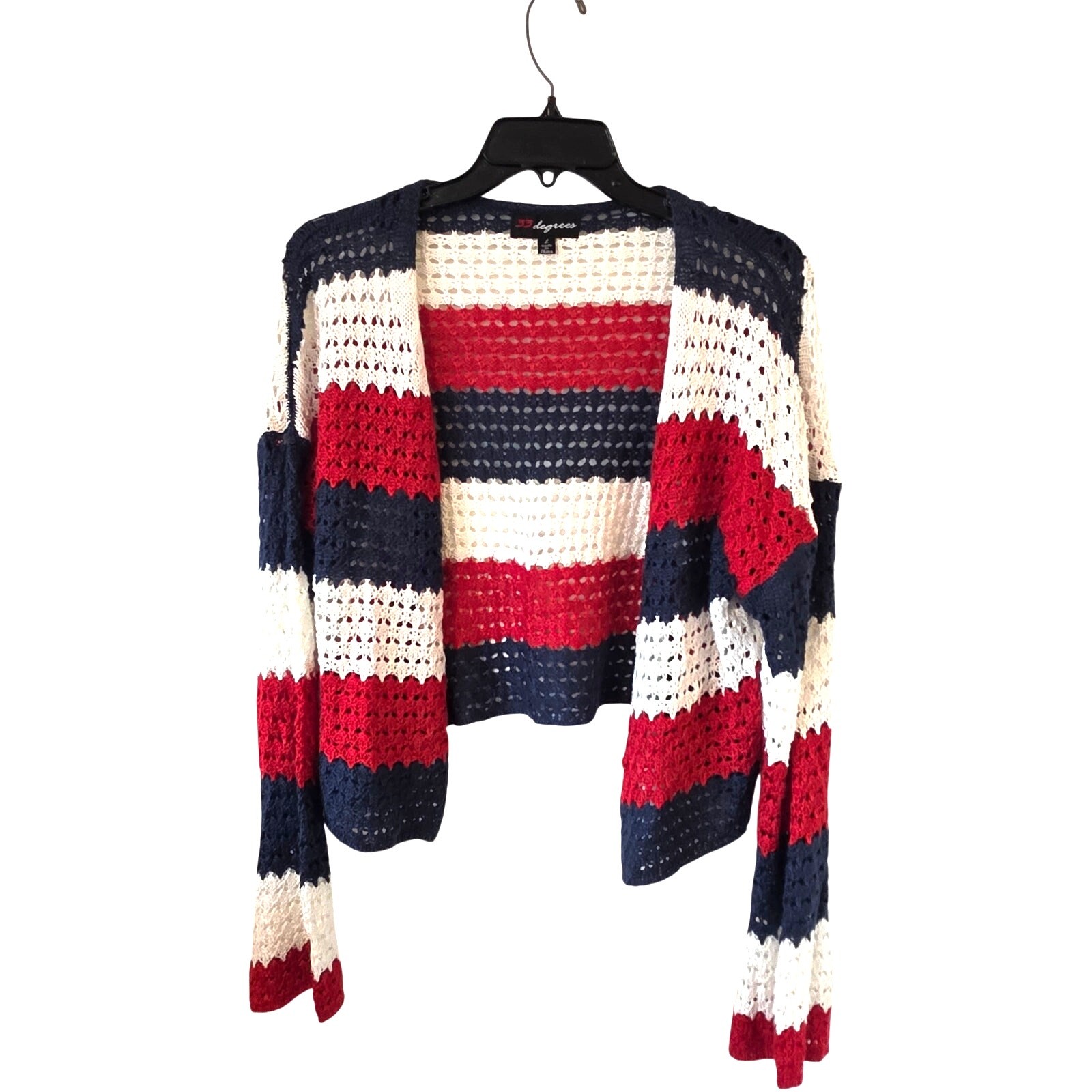 33 Degrees Womens Americana Crochet Cardigan Sweater Size Large Red White Blue