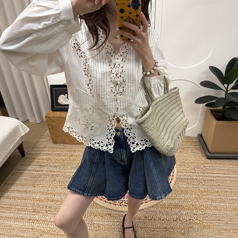Sea New York V Neck Eyelet Pin Tuck Blouse Textured Stripe Fitted