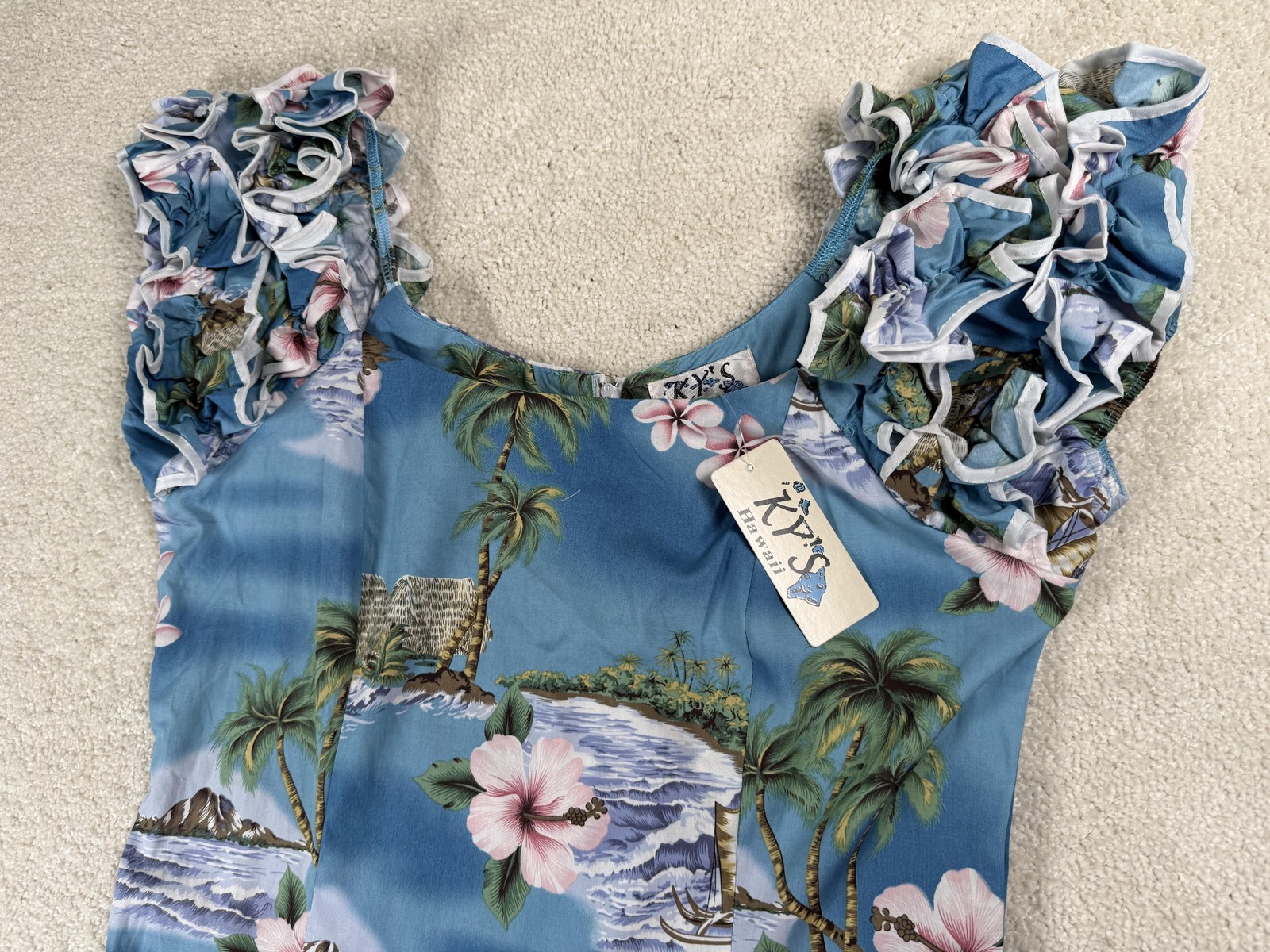 KY’S Hawaii Muumuu Dress Womens M Blue Floral Cotton Sundress Ruffle Hawaii