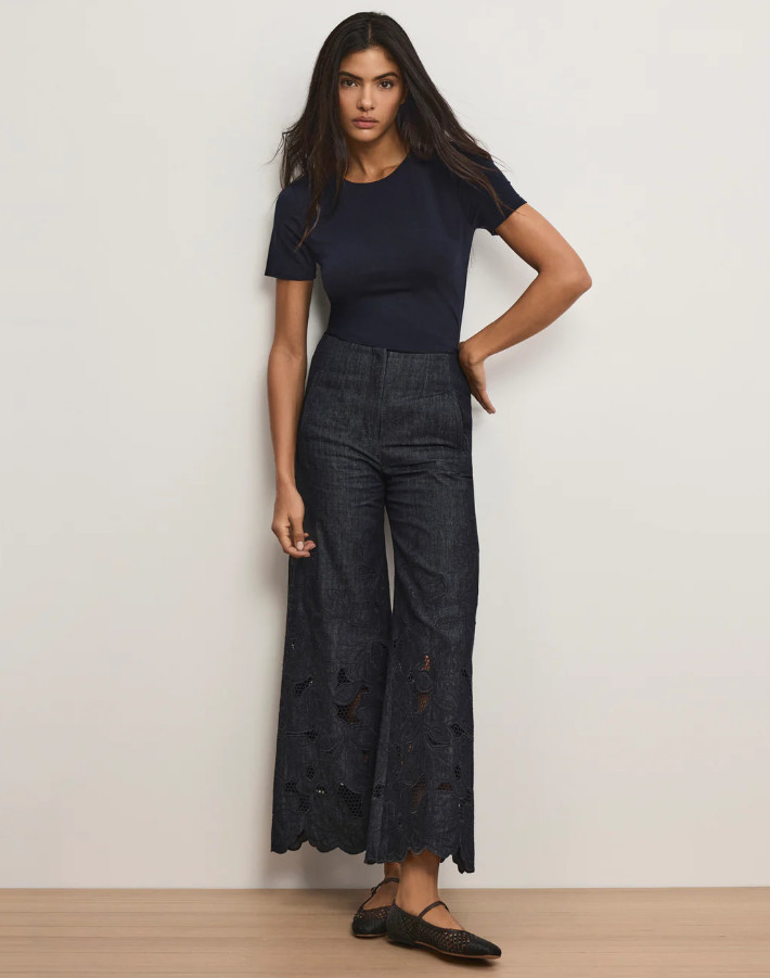 NEW VERONICA BEARD Osborne Wide-Leg Eyelet Pant Indigo Rinse 0-12