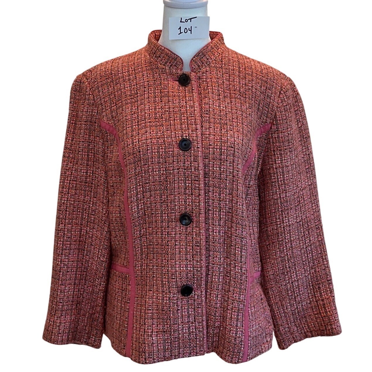 Sigrid Olsen Coral Pink Tweed Mandarin Collar Blazer Jacket Womens Size 12