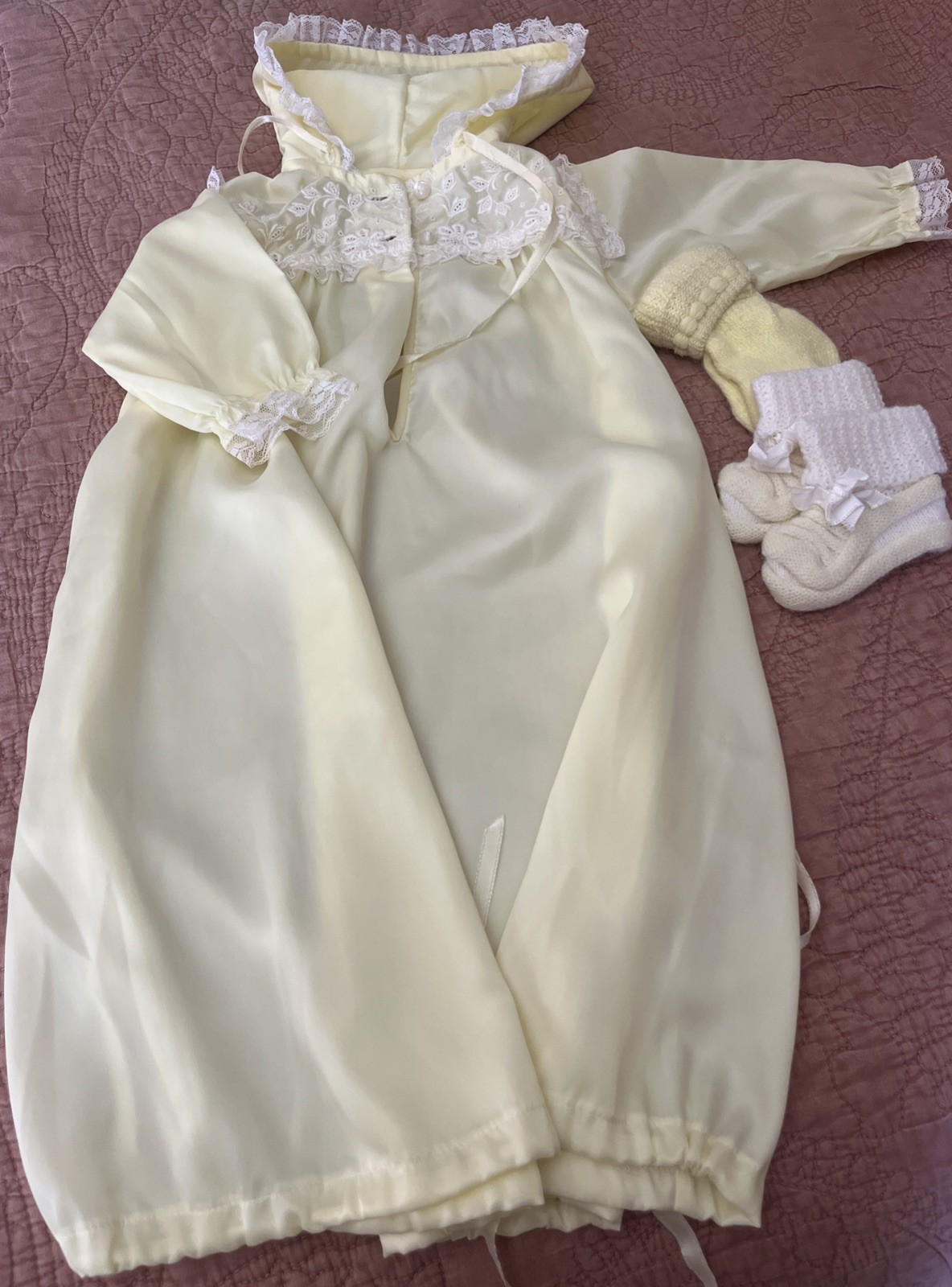 Vtg 1976 BABY DIOR Pastel Yellow Christening Baptism Gown Made In USA 0-3 Months