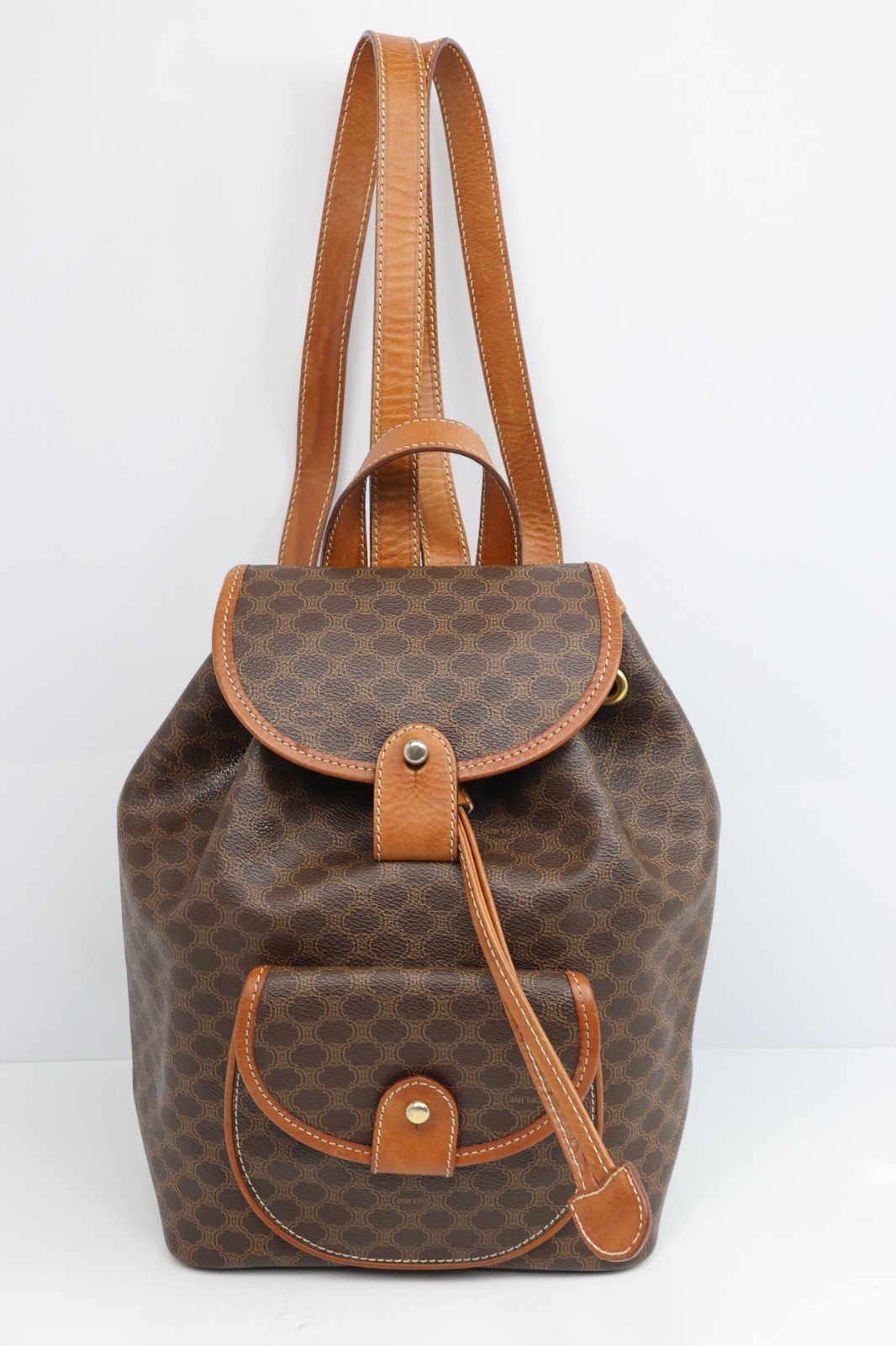Authentic CELINE Macadam Canvas Backpack Brown PVC Leather Vintage Bag France