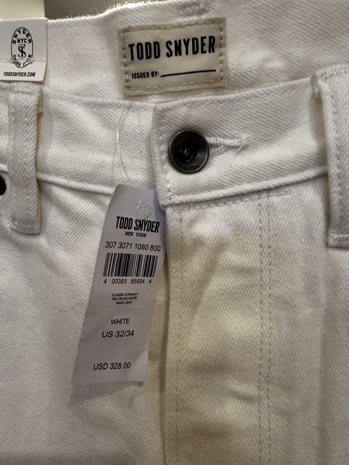 Todd Snyder Classic Fit Selvedge Denim, 32×34, Off-White, NWT