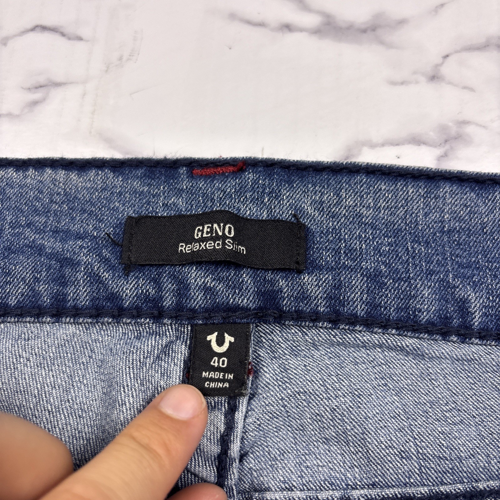 NEW True Religion Jeans GENO Big T Flap Red Trim Relaxed Slim 40×32 Blue Wash