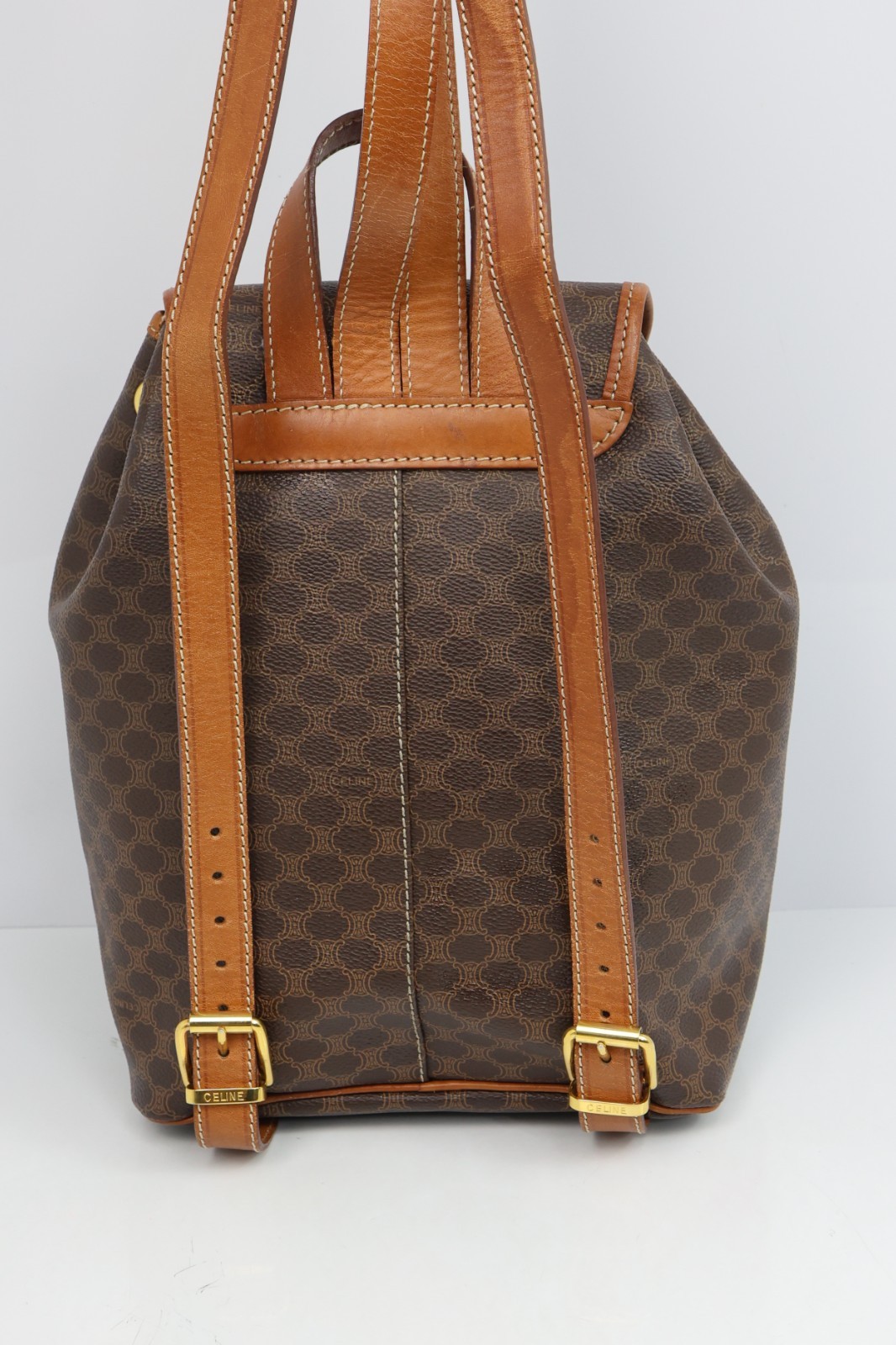 Authentic CELINE Macadam Canvas Backpack Brown PVC Leather Vintage Bag France