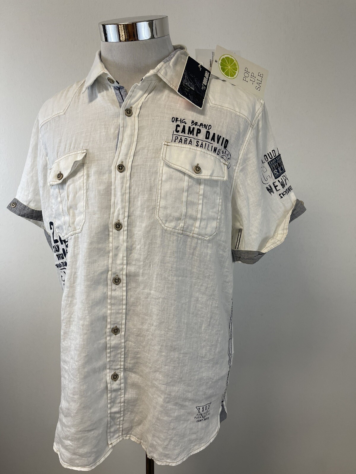 Camp David Shirt Mens Large Button Up 100% Linen Embroidered White N178