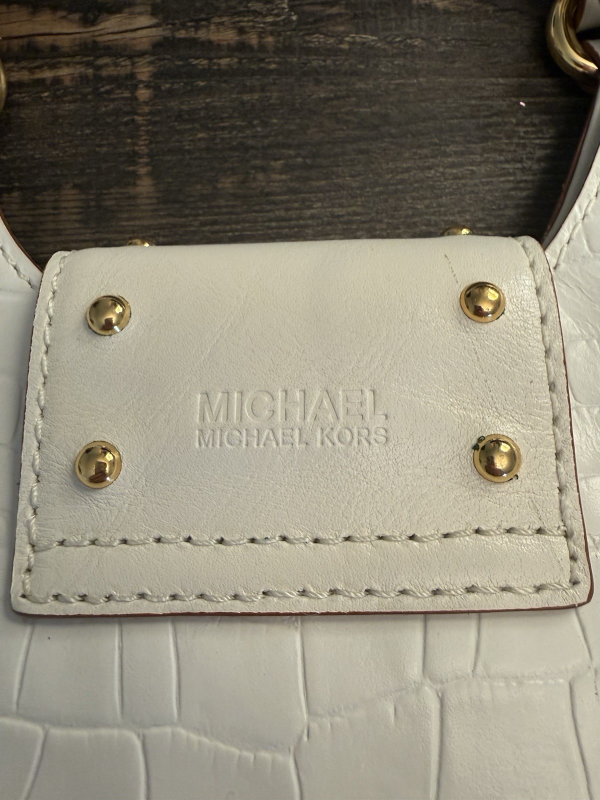 Michael Kors White Croc Embossed Satchel Top Handle Buckle Gold Hardware Pockets