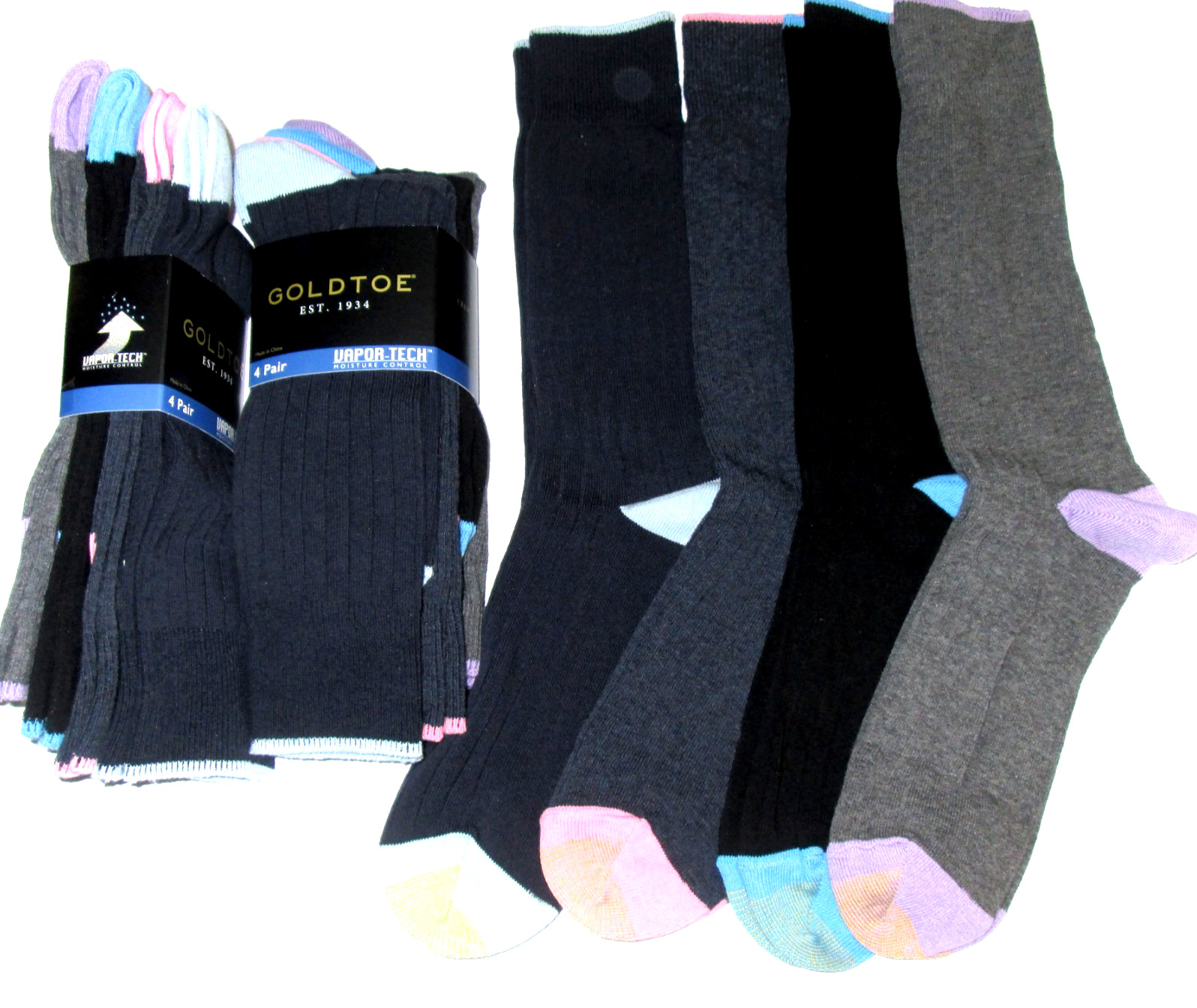 4 Pairs Mens Gold Toe Vapor Tech Moisture Wicking Dress or Casual Crew Socks