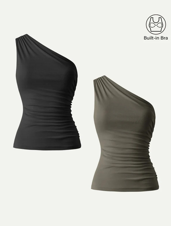 OGL Sandwashed One Shoulder Ruched Bra Tank, Black (NEW)