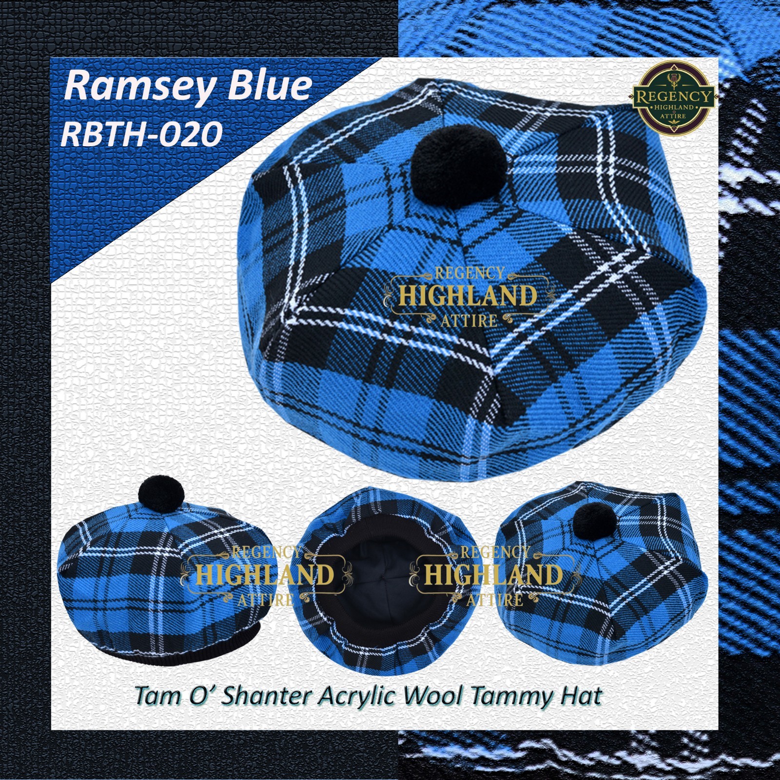 Unisex Great Scottish Highland Tam O Shanter Hat Made of Acrylic Wool Tartan.