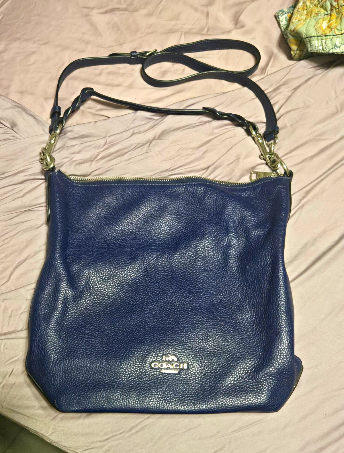 Coach Blue Pebbled Crossbody Bag Silver Hardware Zip, Detachable Strap
