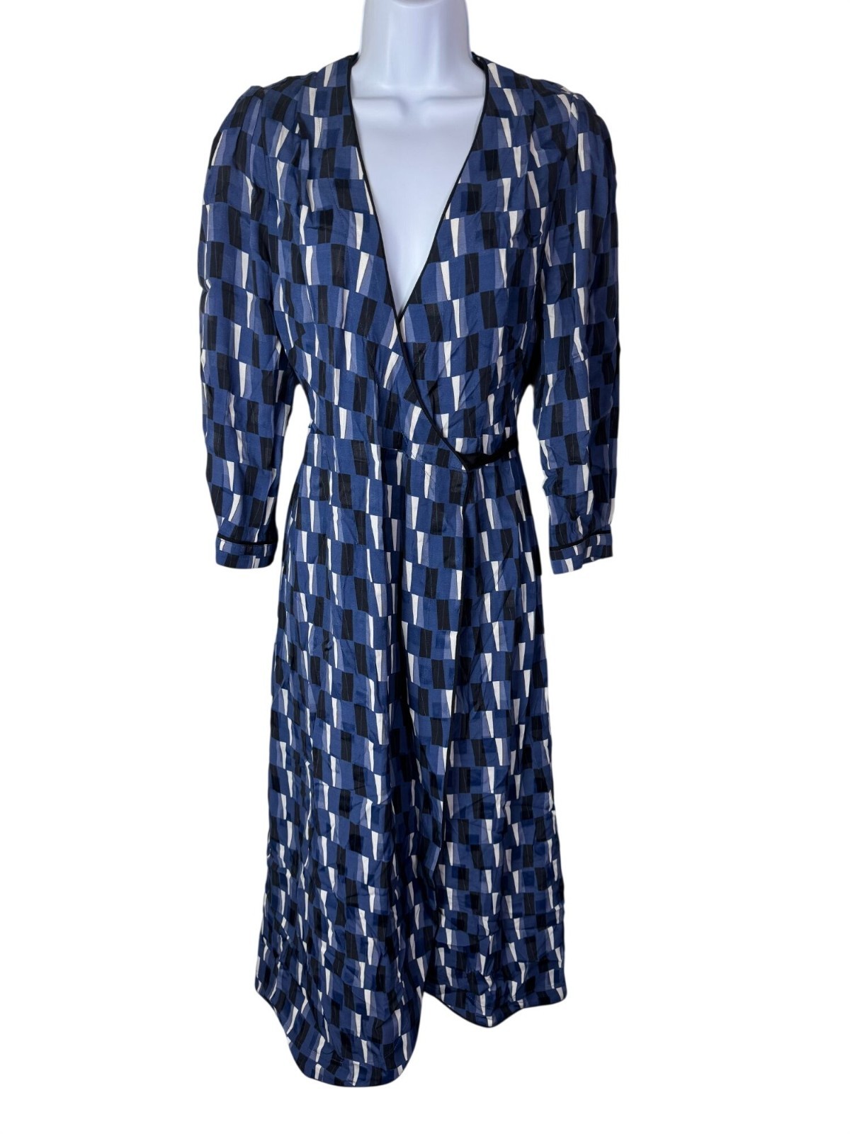 Cefinn Blue Black White Geometric True Wrap Midi Dress US Size 4 3/4 Sleeves
