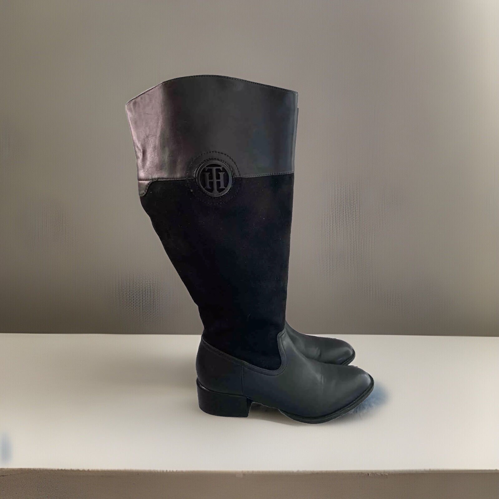 Tommy Hilfiger Riding Boots Womens 7.5M Black Leather Suede Knee High Logo Block