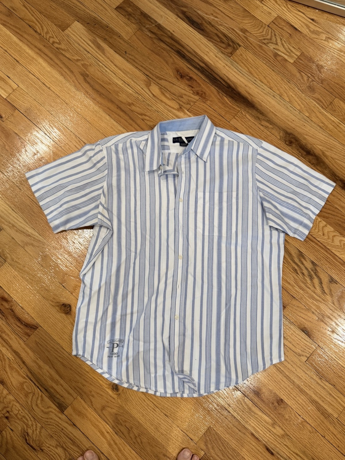 U.S. Polo Assn Shirt Men’s L White Blue Stripe Short Sleeve Pocket Pony