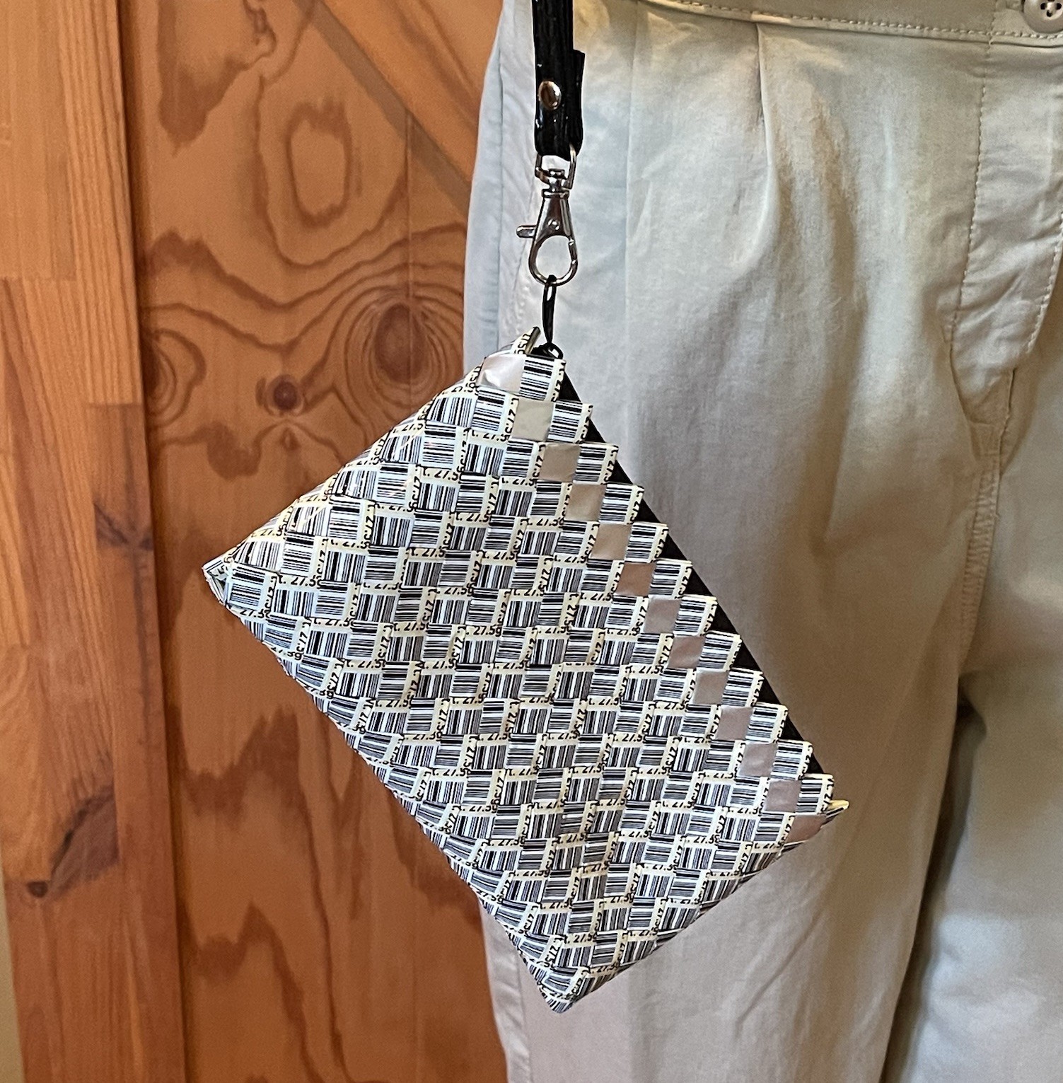 Handmade Upcycled Barcode Wristlet Zip Pouch Wallet Size Candy Wrapper Bag