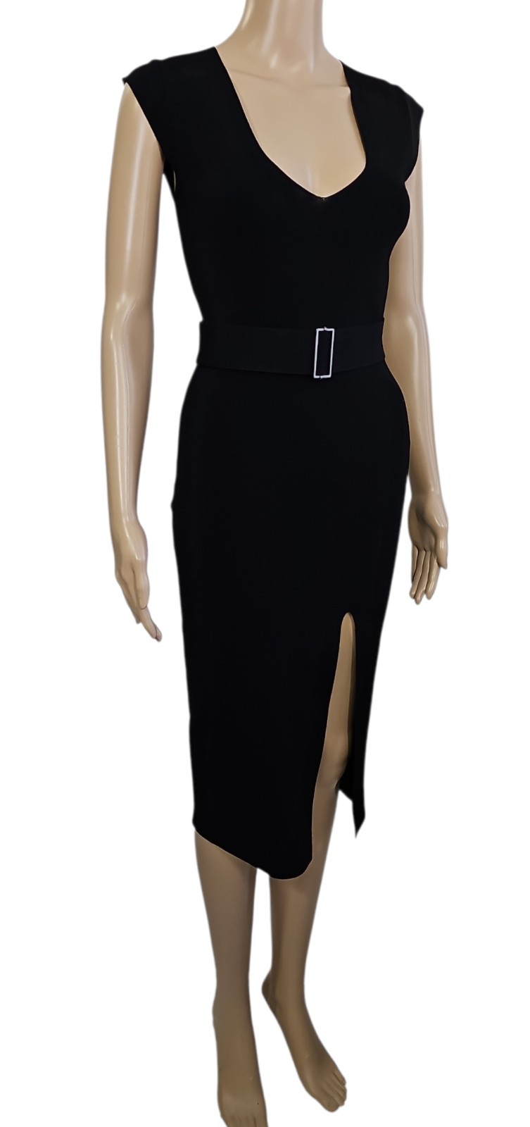 BABATON Black V Neck Cap Sleeve Belted High Slit Midi Bodycon Sheath Dress XS