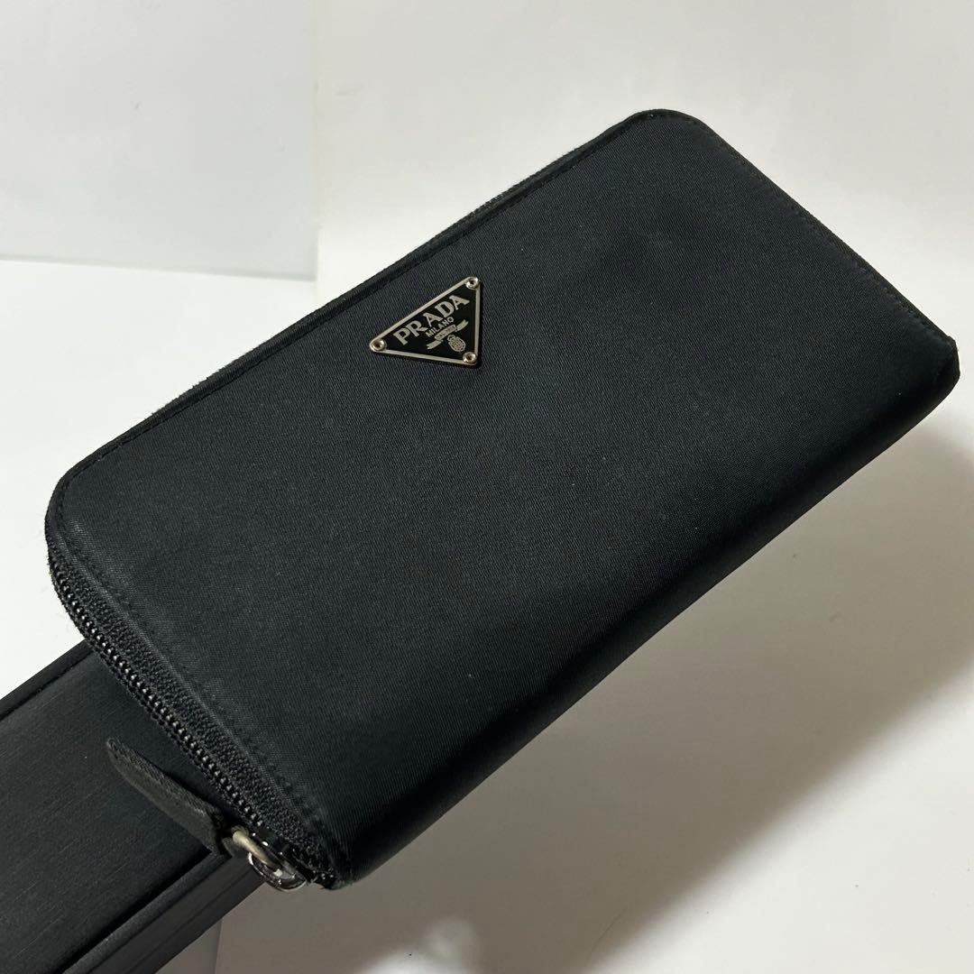 PRADA Nylon Round Zip Triangle Plate Long Wallet Black