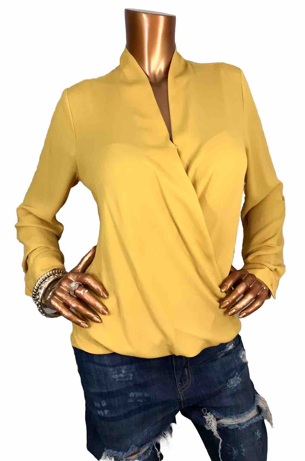 Pleione S Top Mustard Long Slvs Low V Cut Crossbody Blouse NWT High Low