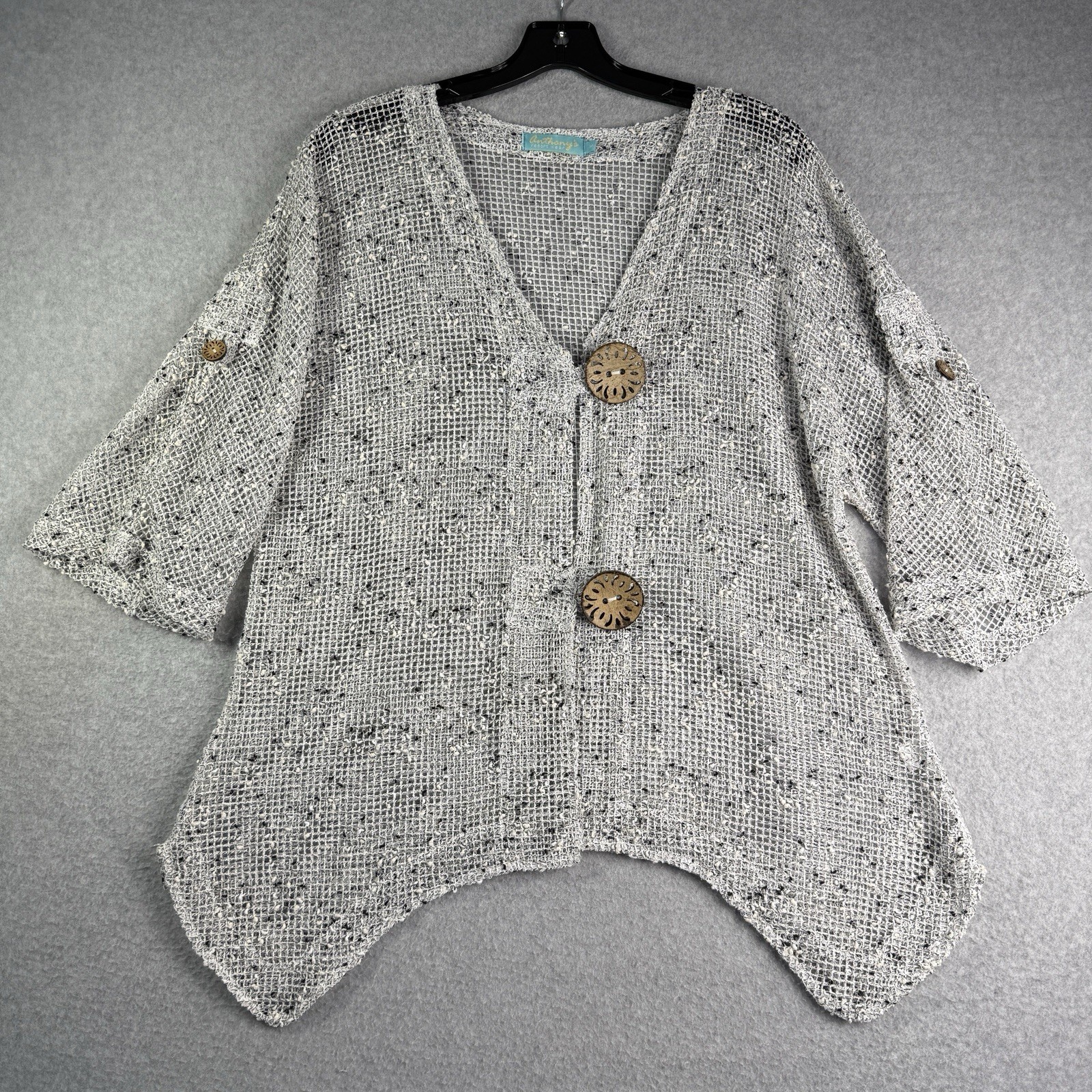 Anthonys Open Weave Sheer Swim Cover Women’s M Button Up Mesh Lagenlook Coastal