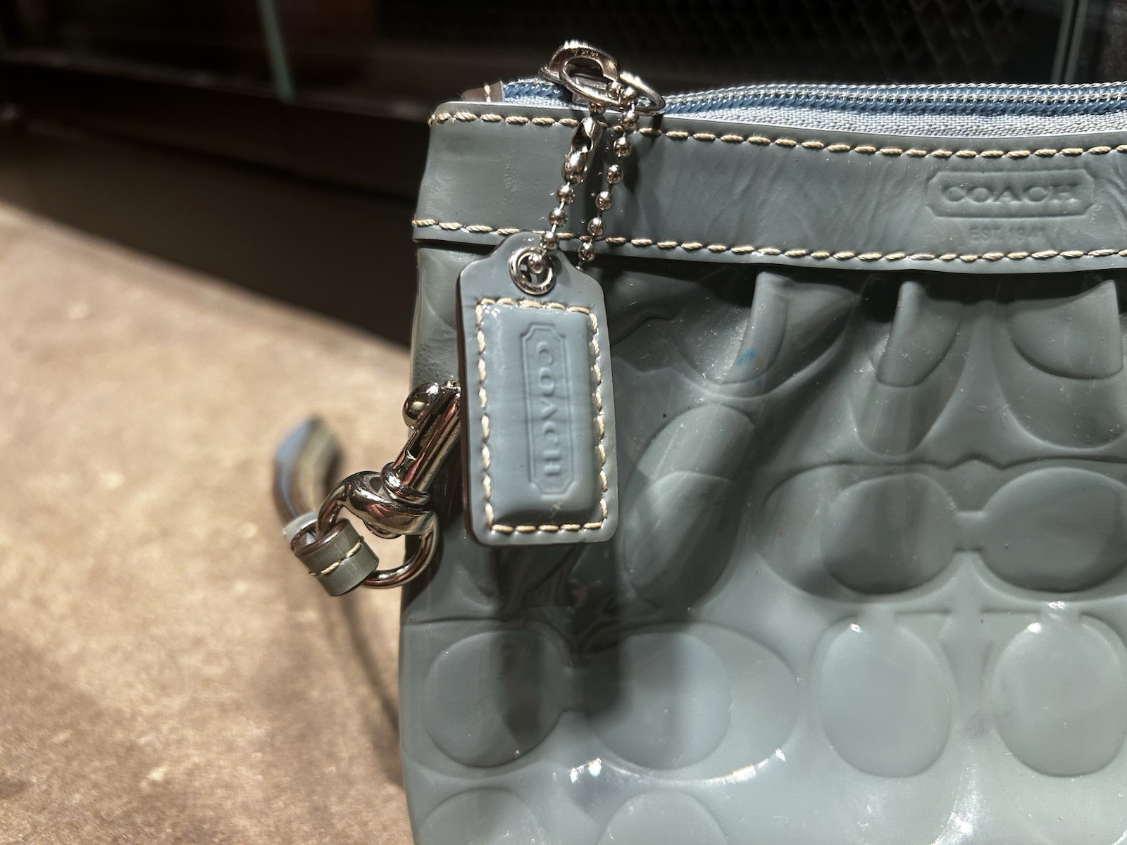 Coach Leah Embossed Patent Leather Marine Wristlet with Tan Trim 6.5×4 In