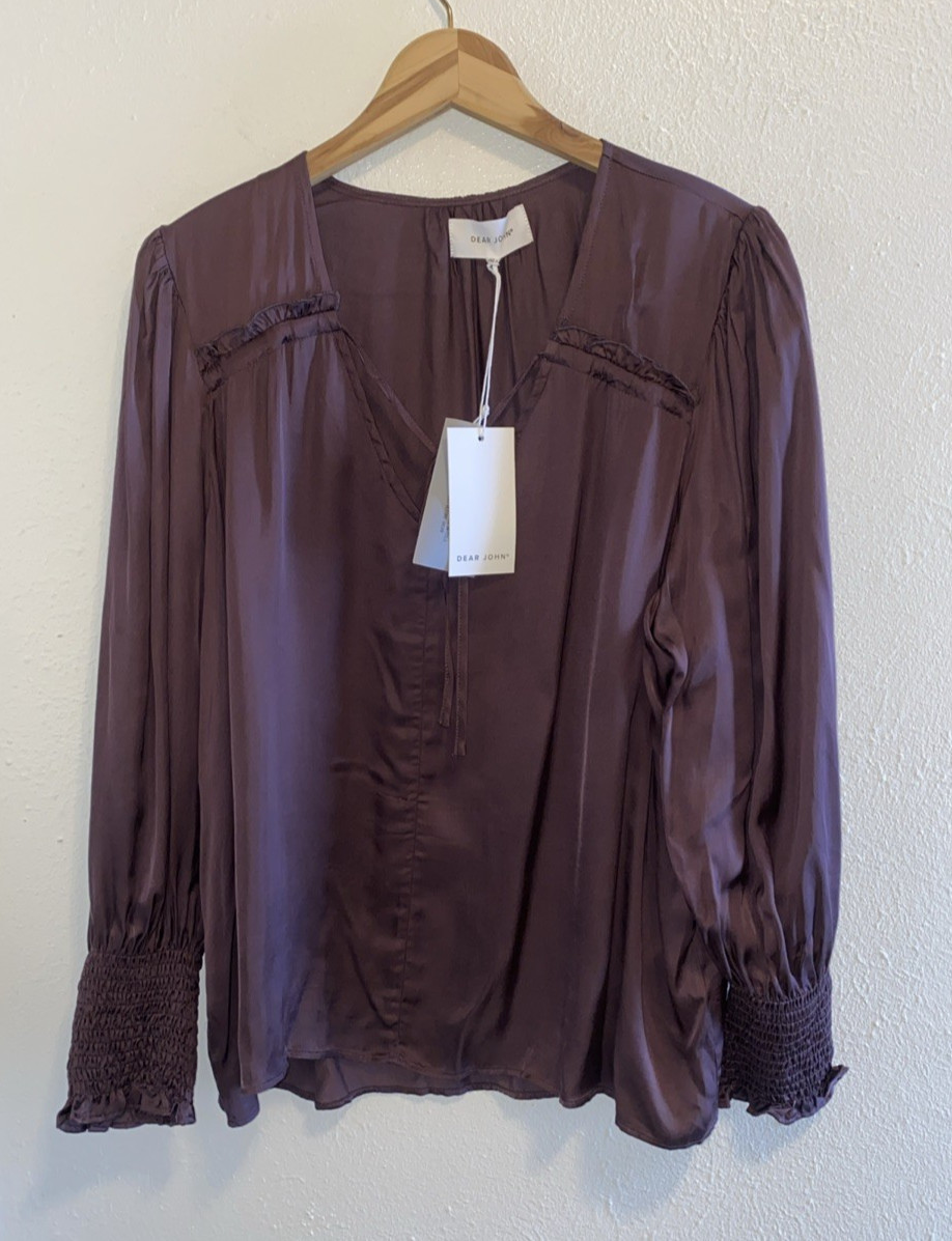 Dear John Amelia Career Long Sleeve Chocolate Brown Satin Top Blouse XL NWT