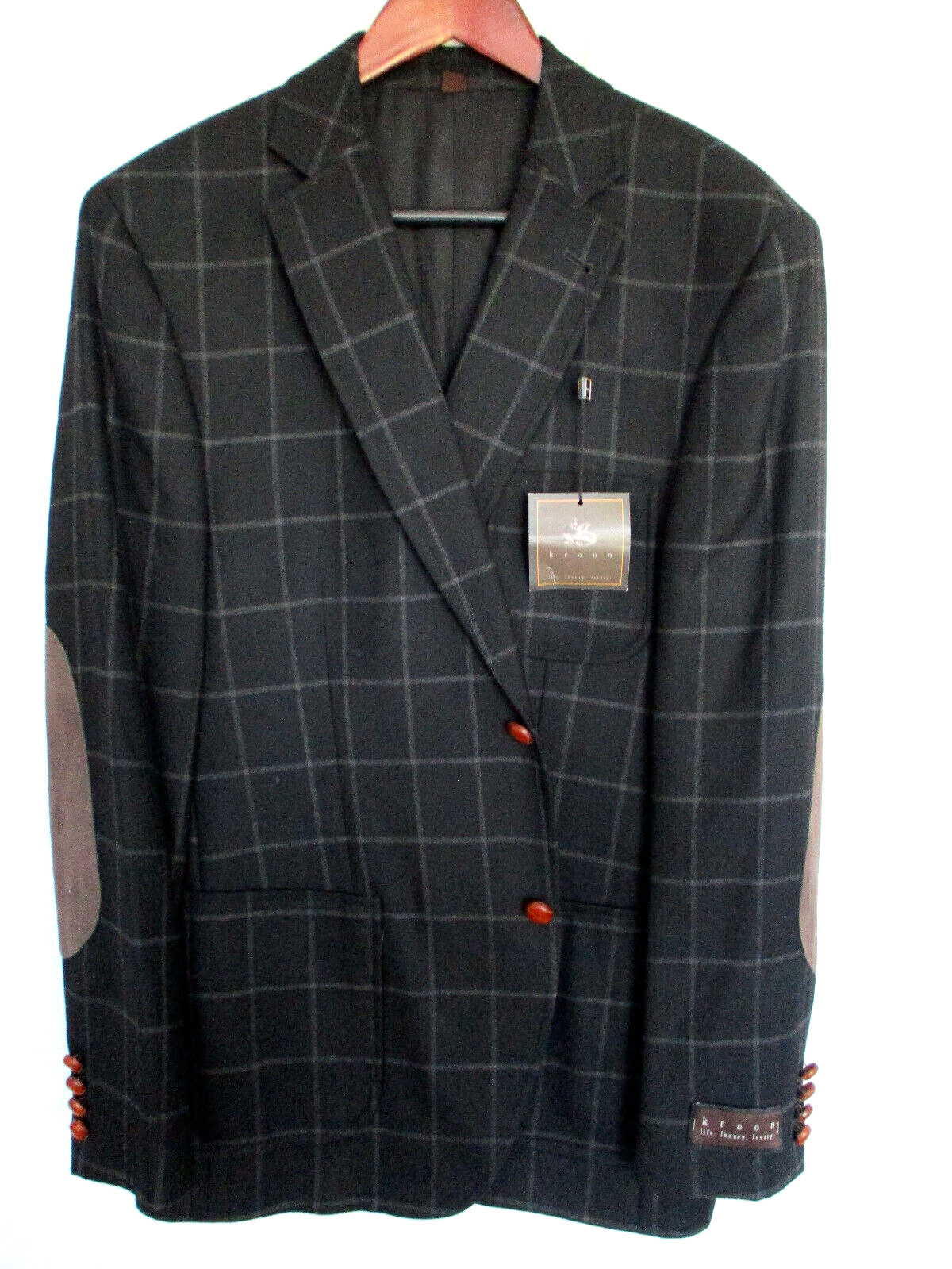 Kroon Sport Coat 42R Black Check Double Vented Elbow Patches 100% Wool