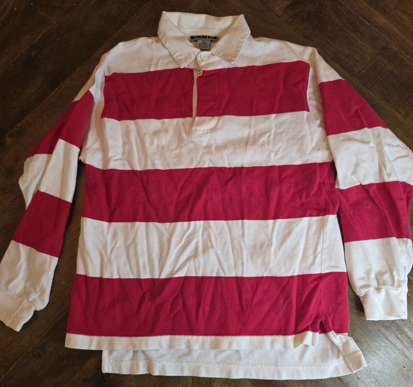 Badge Boy’s M 12-14 Regular Long Sleeve Striped Red White Polo Collared Vintage