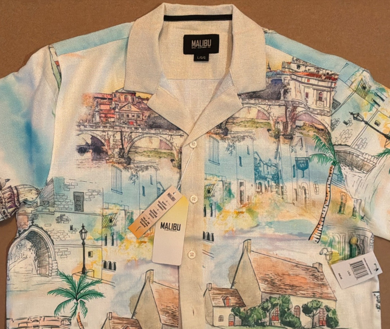 NWT $68 Malibu by Drill Clothing Textured Fabric Linen Look Cityscape Shirt sz L
