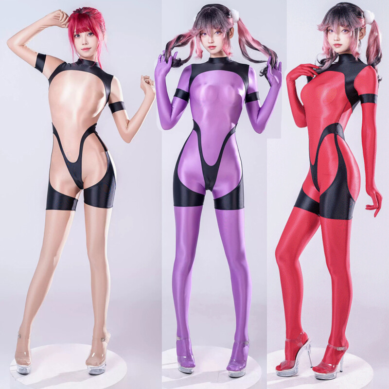 Women Sexy Shiny Jumpsuit Clubwear Gloves Catsuit Party One Piece Satin Bodysuit