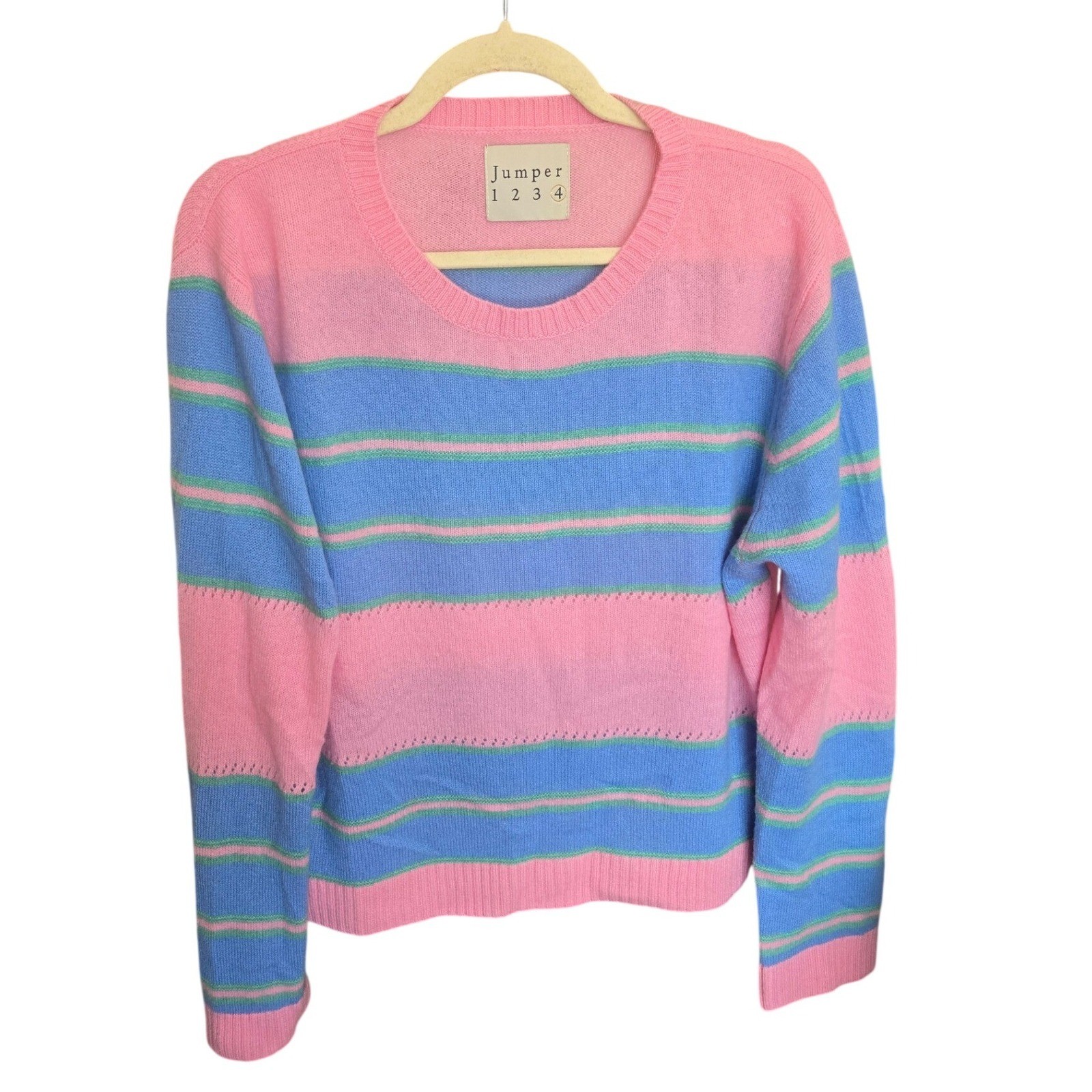 Jumper 1234 Cashmere Sweater Stripe Crewneck Blue Pink Green Pullover 4 Large