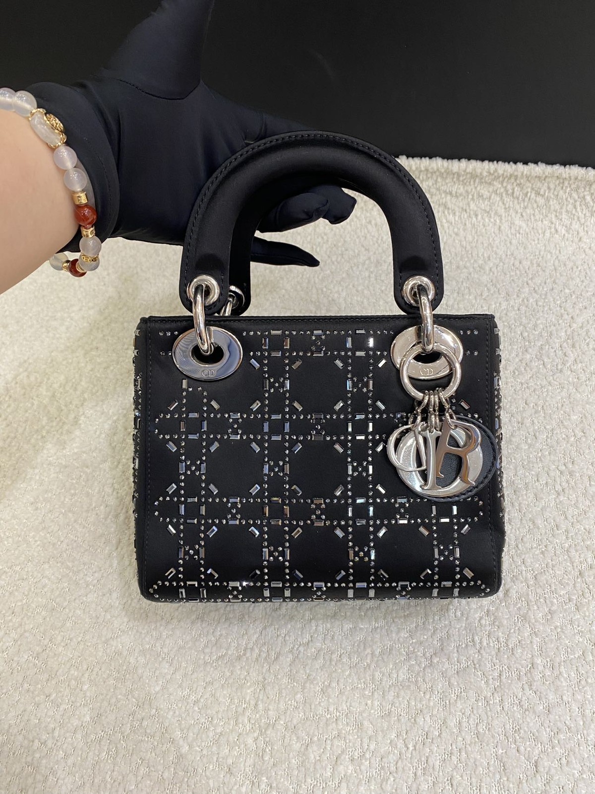 Dior Lady Dior Mini Black Satin Rhinestone 3-Grid Top Handle Bag Duty Paid