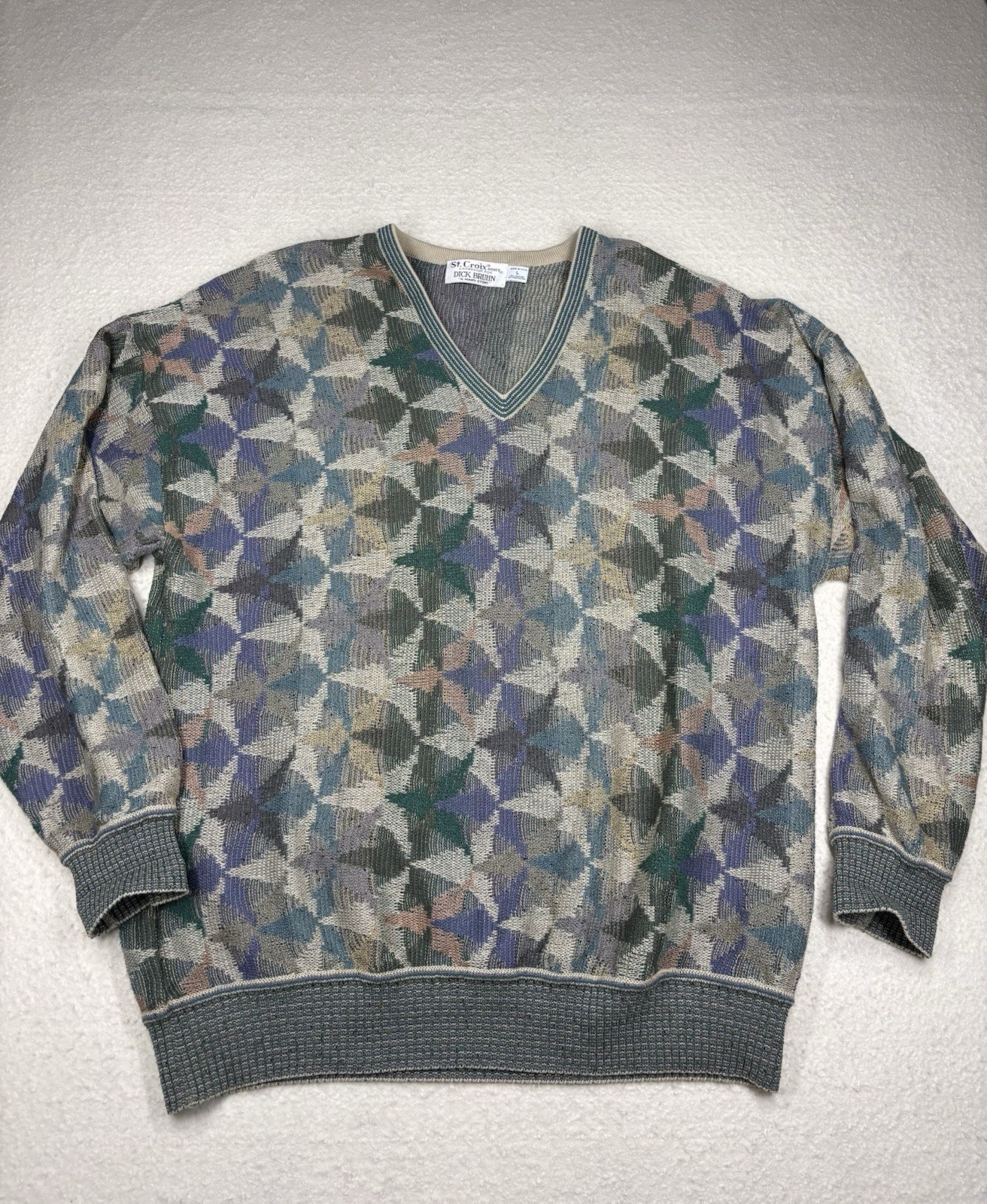 Vintage St. Croix Knits Dick Bruhn USA V-Neck Abstract Sweater Mens L