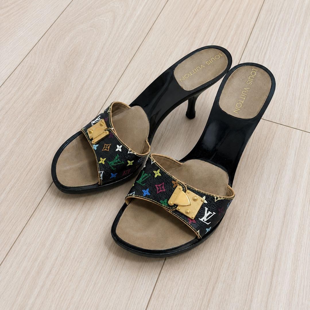 LOUIS VUITTON Multicolor Monogram Sandals 22.5cm Black Gold Heels
