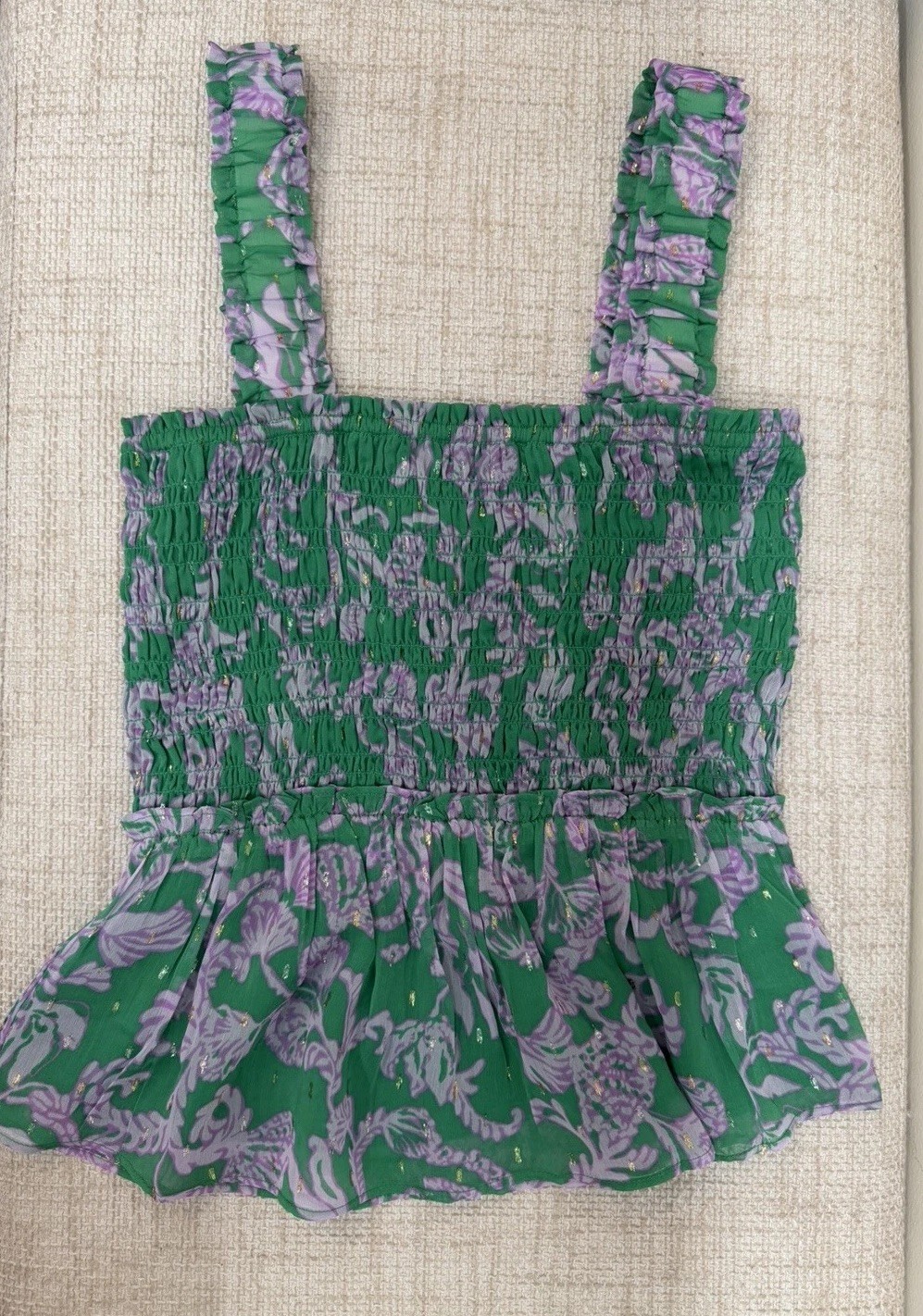 Lilly Pulitzer Green Purple Floral Chiffon Smocked Ruffle Cami Square Neck S