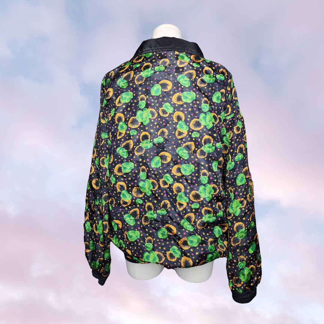 Vtg 80s Miramax Colorful Zip Up Windbreaker Floral Black Green Yellow Stars L