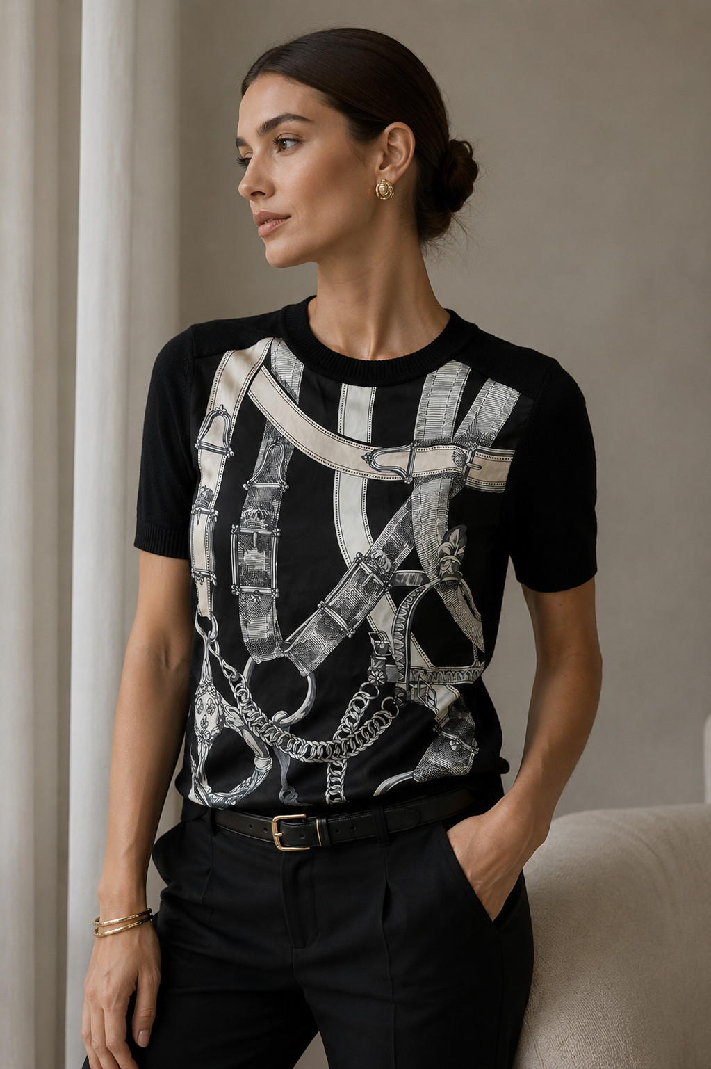 Designer Silk Cashmere Chain Print Short Sleeve Sweater Top Black Size 36