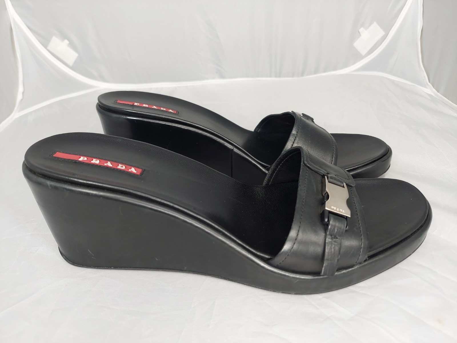 Vintage Prada Sport Black Leather Buckle Mules Wedge Sandals EU 40 US 9.5 Y2K