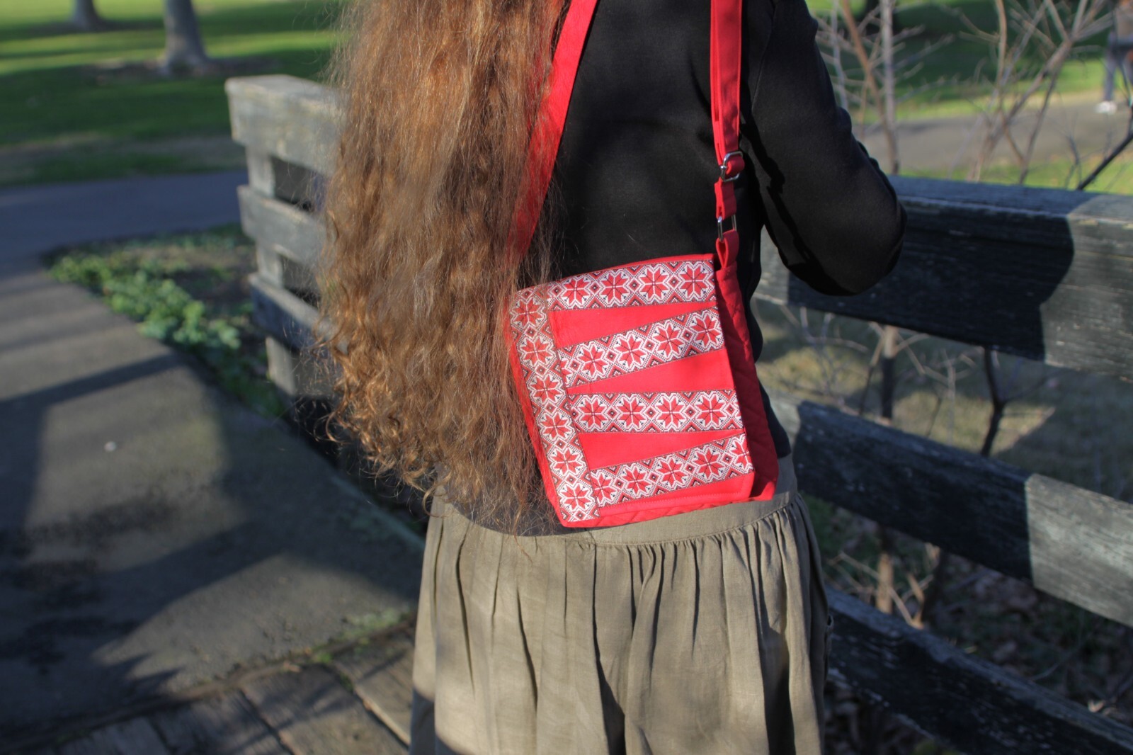 Red Natural Cotton Crossbody Bag Embroidered Adjustable Strap.