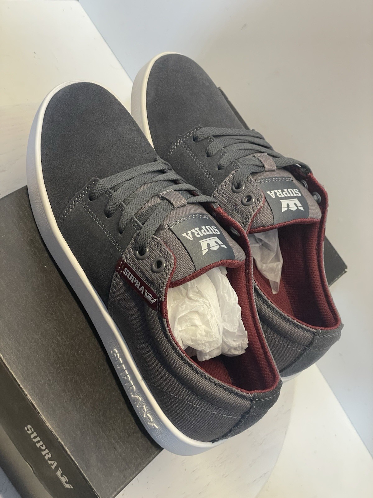 New! SUPRA Stacks 2 Magnet Gray/Port-White Skate Shoes Woman’s Sz US9.5/Mens7.5!
