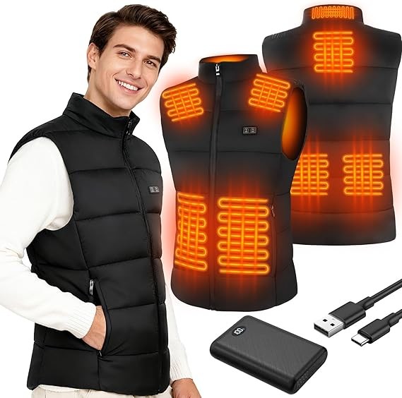 Men’s Comfort Heated Vest: 7.4V, 8 Heating Zones, 3-Level Temp & 10000mAh