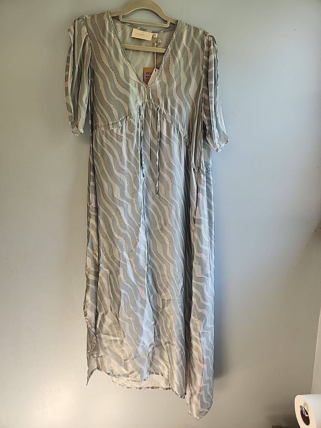 Reistor Womens M/L 8-12 Blue $185 Beach to the Bar Bemberg Aqua Wave Maxi Dress