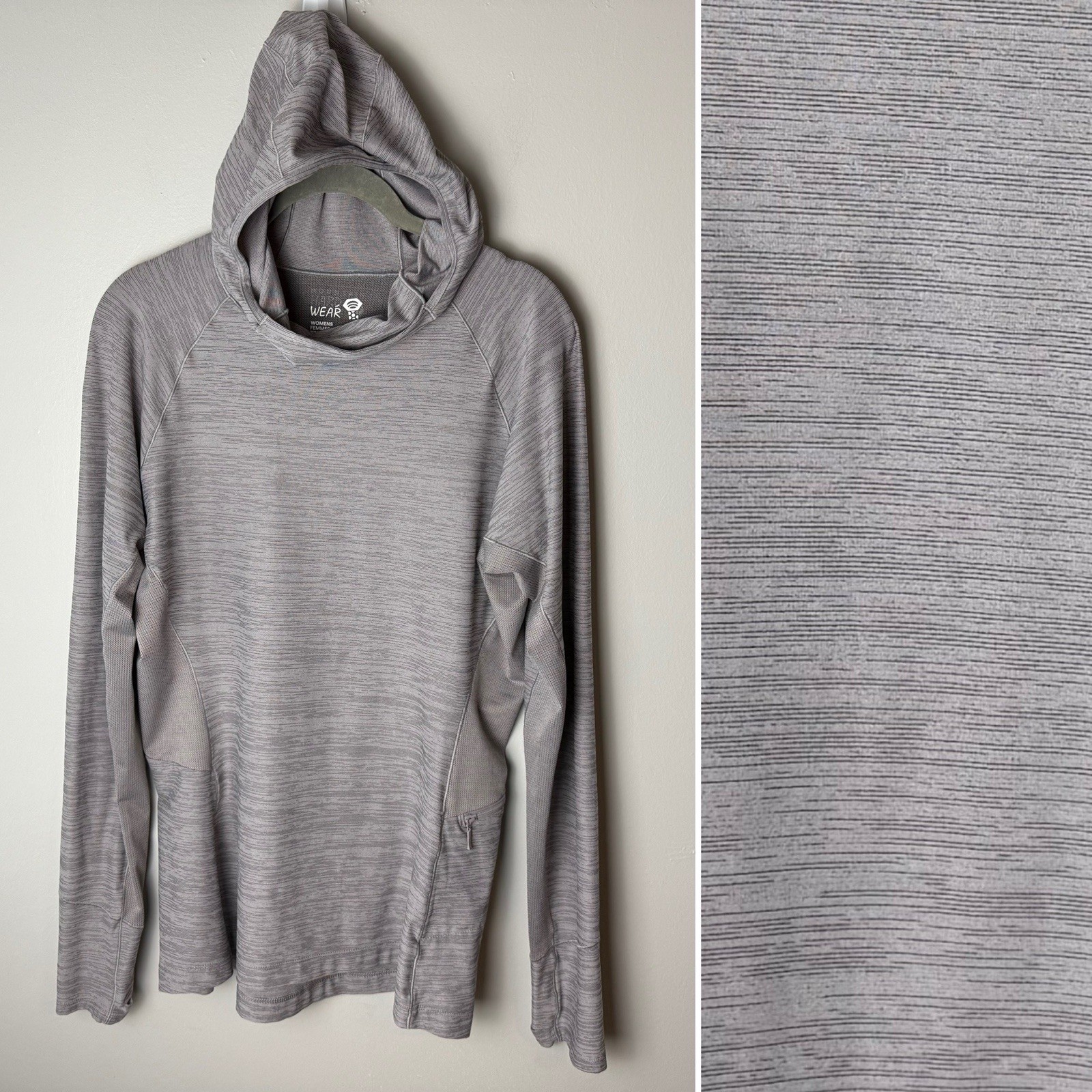 Mountain Hardwear Hoodie Size Large Gray Heather Thumbholes Zip Pocket Hiking