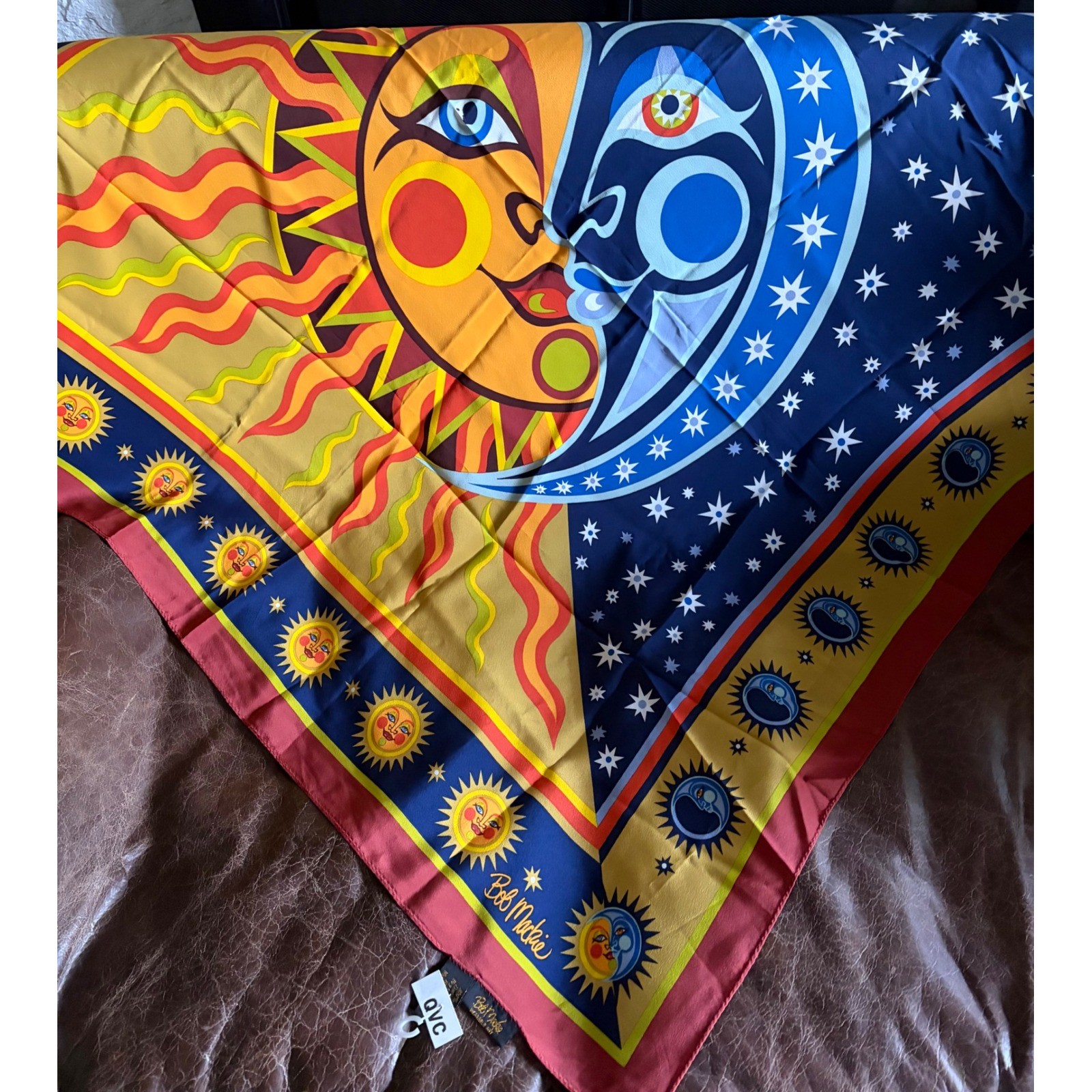 Vintage Bob Mackie 100% Silk Scarf Sun Moon Celestial Wearable Art NWT 38×38
